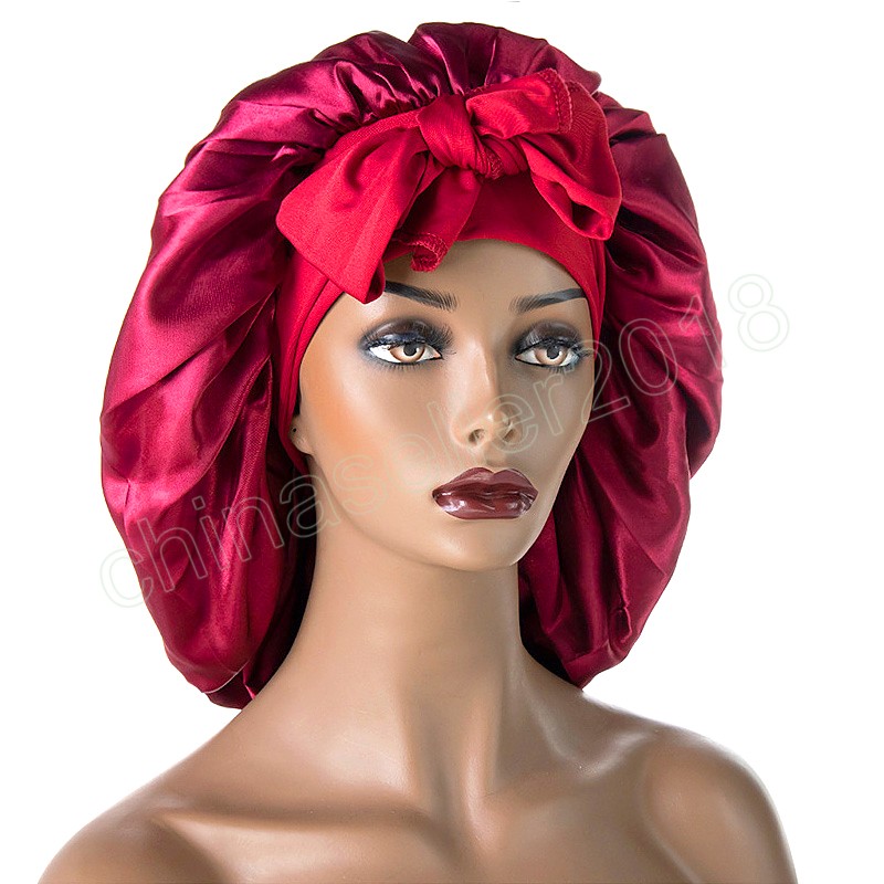 Ny Satin Bonnet Wide Stretch Ties Band Silk Night Sleep Cap Turban Polyester Elastic Long Tail Hair Hat Hand Cover