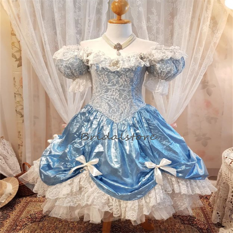 Luxus Cosplay Blaues Ballkleid 2023 Kurzarm Prinzessin Spitze Lolita Kleider mit großer Schleife Elegantes Abendessen Formelle Abendgarderobe Retro Gothic Cocktail Homcoming Wear