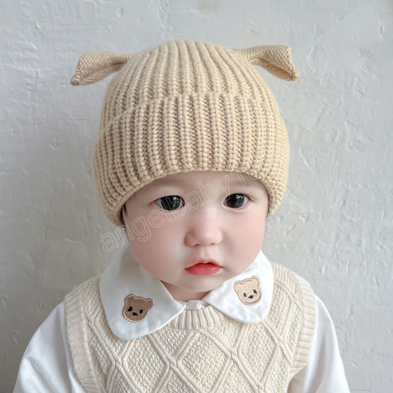 Winter Warme Baby Gebreide Mutsen Voor Jongens Meisjes Kids Muts Effen Kleur Oren Baby Peuter Cap Zachte Motorkap Hoed