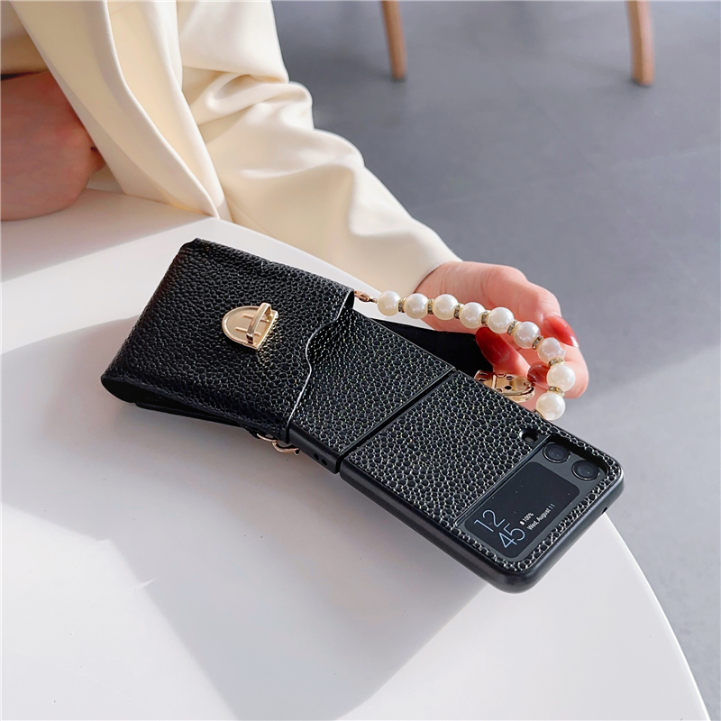 Braccialetto di perle di lusso Modello Lychee Custodia telefono Vogue Samsung Galaxy Folding Z Flip3 Flip4 5G Borsa in pelle resistente con slot schede Combo Set Fold Shell antiurto