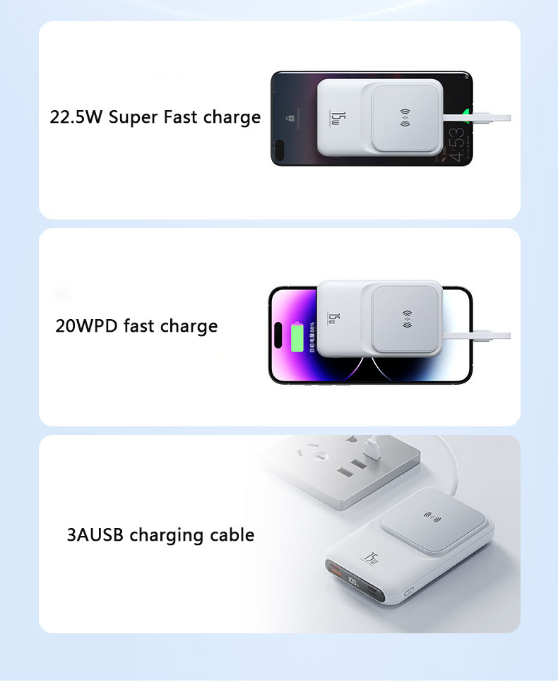 20000mAh Mini Power Bank 15W Caricatore wireless magnetico 22.5W Ricarica super veloce Costruito in 3 cavi iPhone14 Xiaomi Sangsung