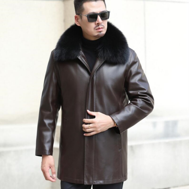 Veste d'hiver en cuir véritable pour hommes, doudoune en duvet de canard blanc, col en fourrure de renard naturelle, parka en peau de mouton