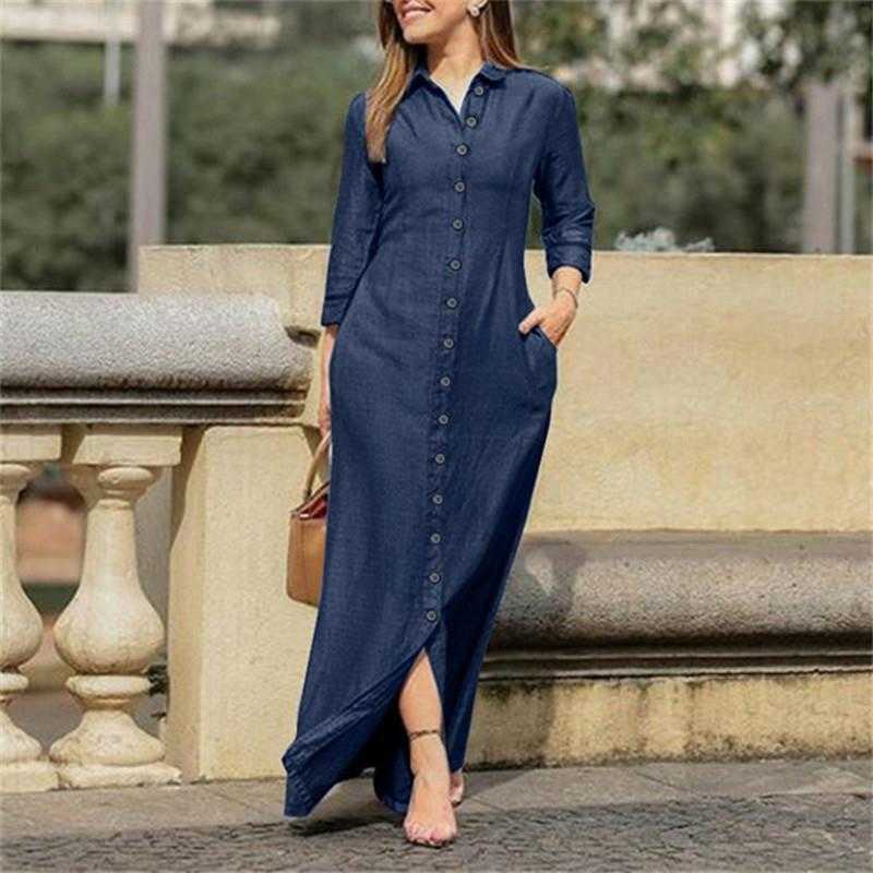 2022 Women's Elegant and Fashion Unisex Style Sleeve Polo Cardigan Solid Color Long denim Dress