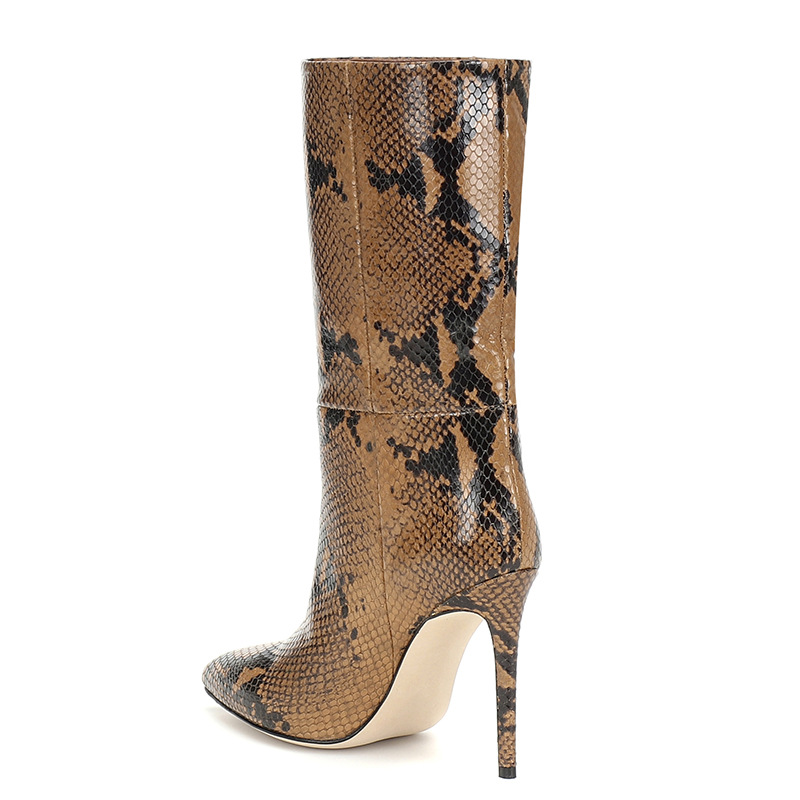 Boots Autumn Women Snakeskin Mid Calf Thin High Cheels مدبب إصبع القدم من الجلد المصمم Winter Zip1