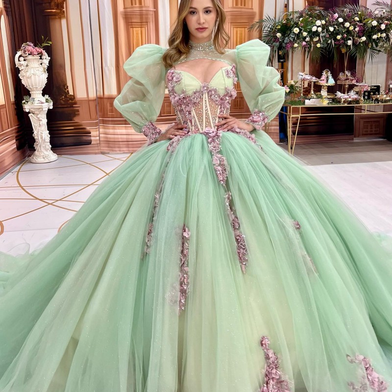 Luksusowe szałwia zielone sukienki Quinceanera błyszczące puff rękawy kwiatowy koronkowy koronkowy koronkowy imprezowy impreza balowa suknia balowa vestidos de 15 anos