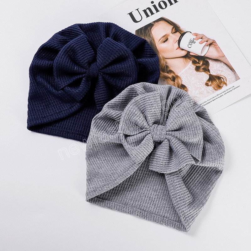 Cotton Waffle Baby Turban Hat Newborn Big Hair Bows Indian Cap Girls Boy Hair Accessories Autumn Beanies Children Bonnet Wrap