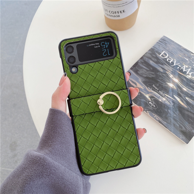 Роскошный плетенный рисунок кожаный телефон для телефона для Samsung Galaxy Folding Z Flip3 Flip4 5G держатель кольца с плетеной кольцом с складкой с загрязнением с защитой шарнира с защитой шарнира