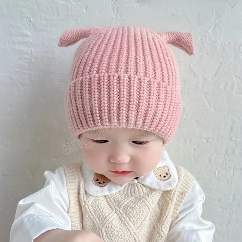 Winter Warme Baby Gebreide Mutsen Voor Jongens Meisjes Kids Muts Effen Kleur Oren Baby Peuter Cap Zachte Motorkap Hoed