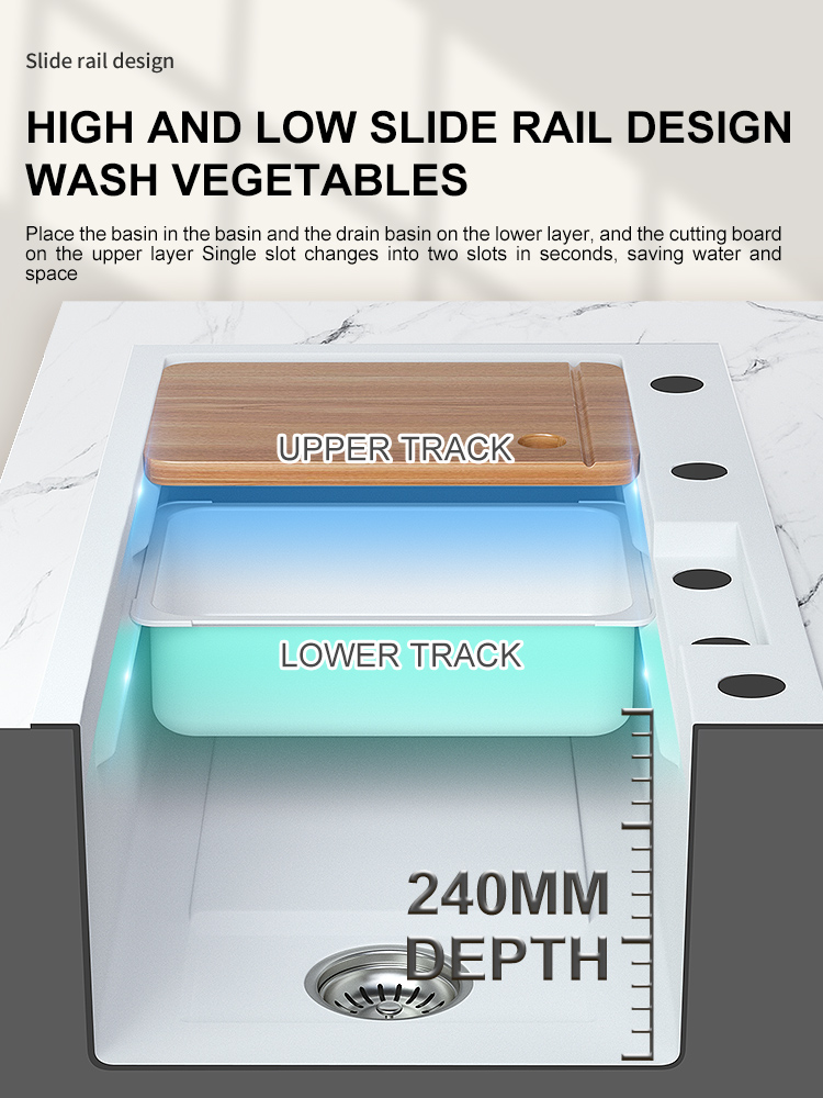 Évier de cuisine cascade avec nano 304 en acier inoxydable blanc multifonctionnel grande fente unique pour la rénovation de la cuisine