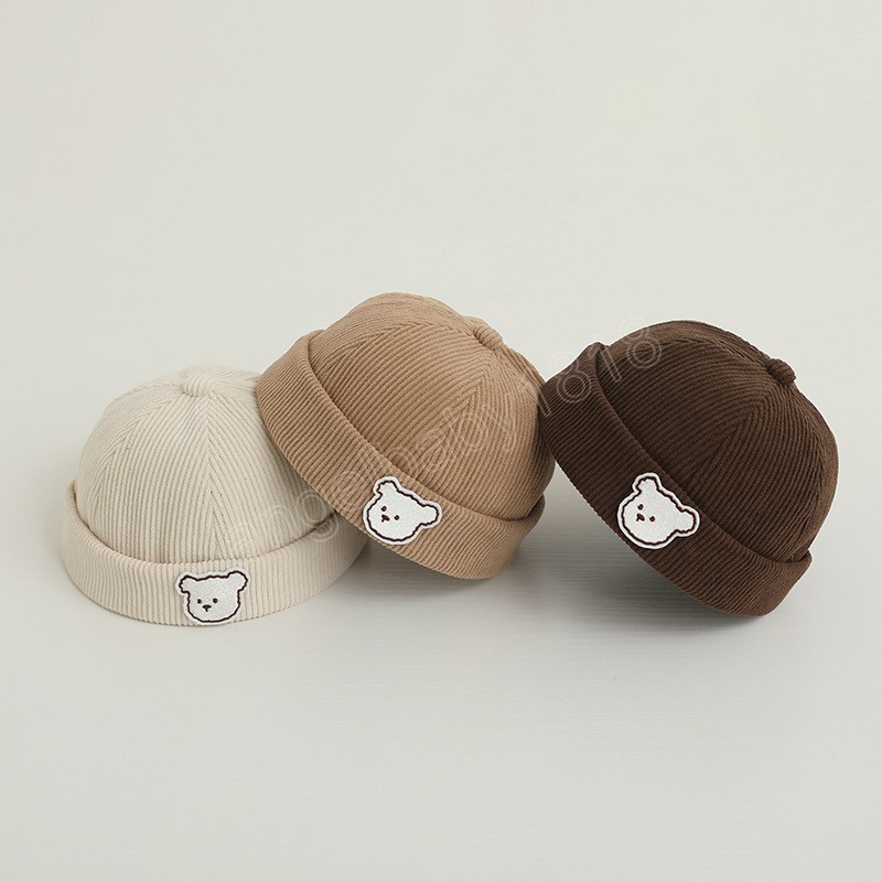 Retro Corduroy Baby Brimless Hoed Schattige Beer Koepel Meloen Cap Lente Herfst Kinderen Jongen Warme Hoeden