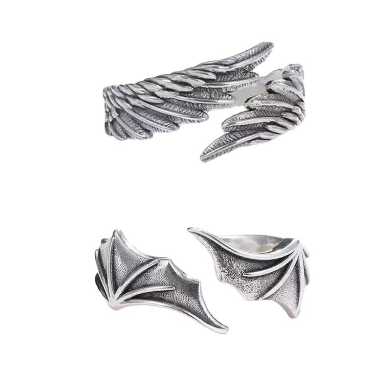 30/PCS Nytt religiös retro Angel Demon Wing Par Ring Fashion Men's and Women's Jewelry Retro Silver Punk Hip Hop Justerable Jewel Gift grossist