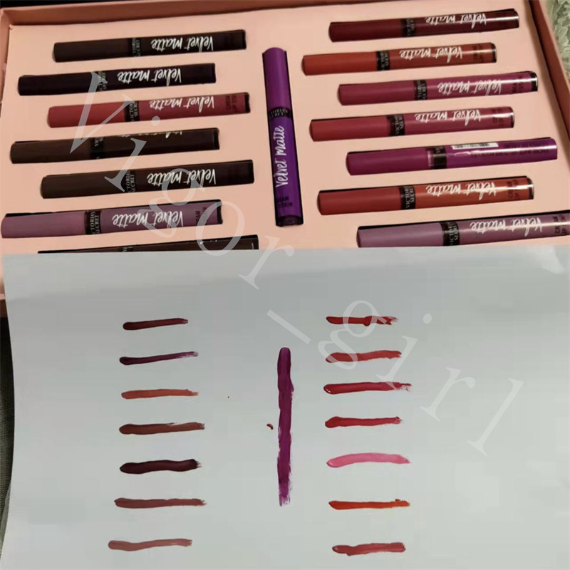 Stock vs läppglans för tjejläppsmakeup 15stläppstift matt färg långvarig vattentät läppstift fuktighetskräm naturliga alla hjärtans gåva med extern presentpåse logotyp