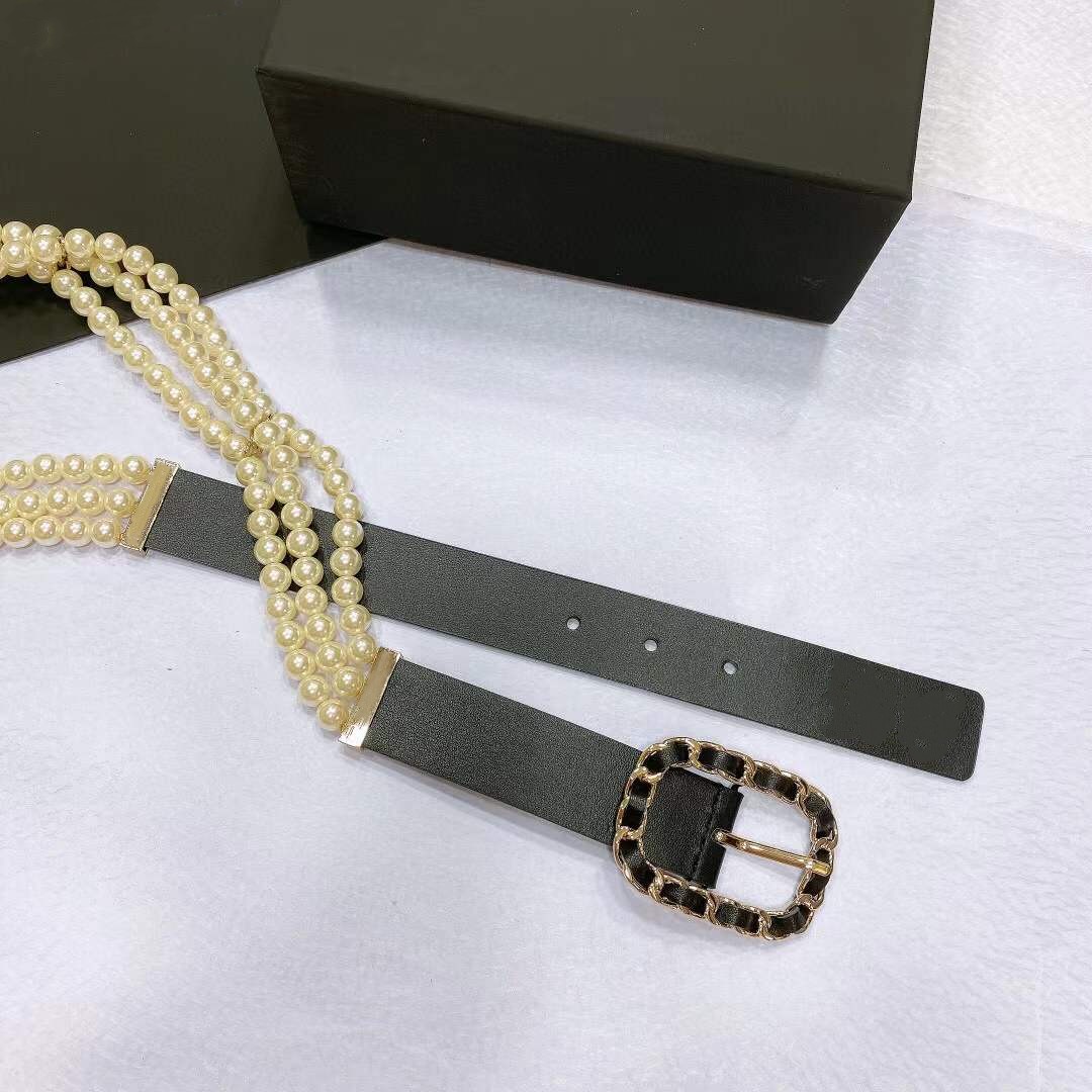 Famous Multilayer Smooth Pearls Waist Chain Autumn 2023 Runway Black Genuine Leather Weaving Waistband Women Hollow Metal Buckle Belt Geometric Jewelry