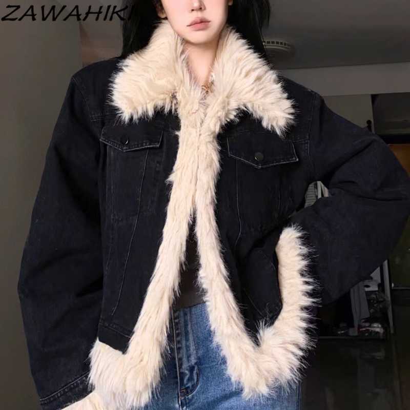 Femmes Fourrure Fausse Fourrure Automne Hiver Femmes Chaud Fausse Fourrure Polaire Manteau Veste Noir Laine Épaissie Fluffy Denim Manteaux Femme Chic Outwear Top Vêtements HKD230727