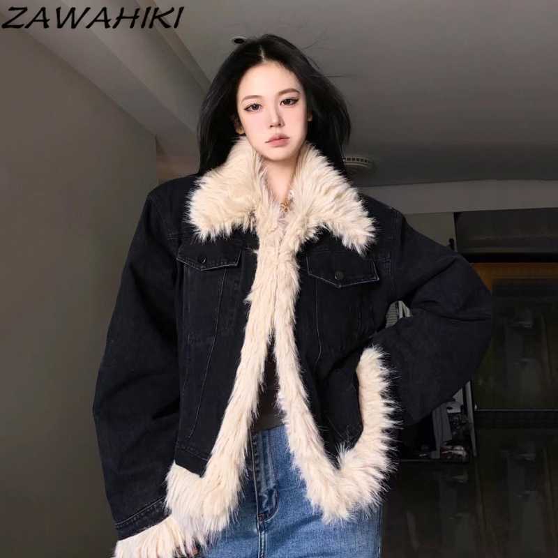 Femmes Fourrure Fausse Fourrure Automne Hiver Femmes Chaud Fausse Fourrure Polaire Manteau Veste Noir Laine Épaissie Fluffy Denim Manteaux Femme Chic Outwear Top Vêtements HKD230727