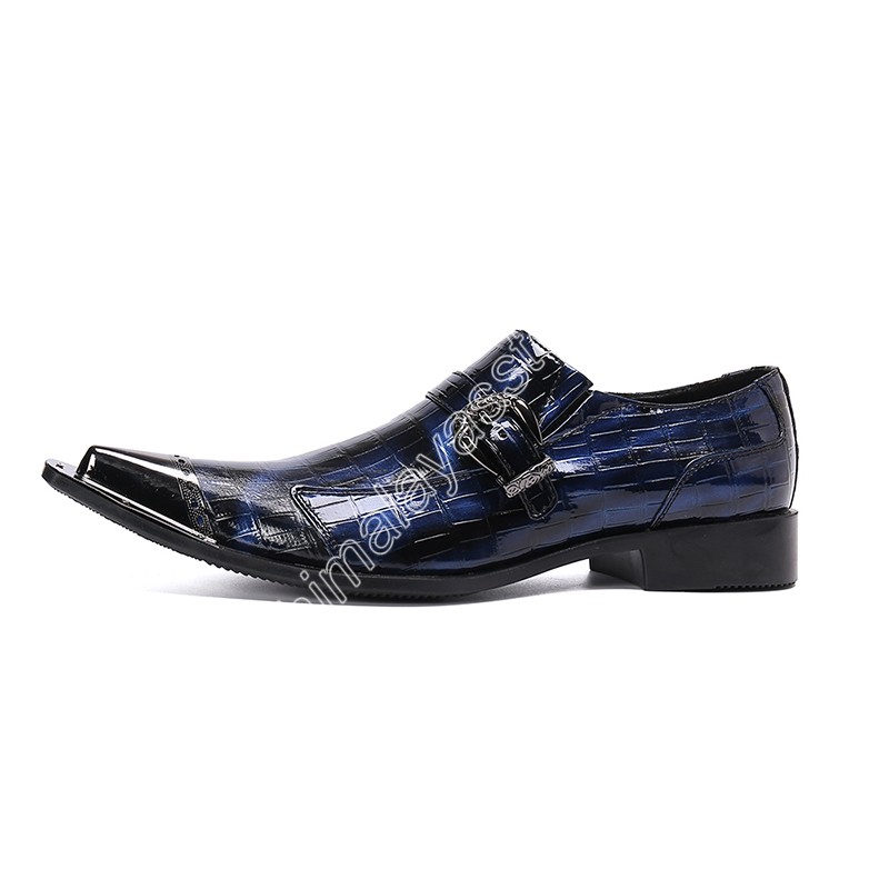 Beaux hommes chaussures de luxe à la main en cuir chaussures habillées hommes bout pointu en métal bleu affaires et fête Zapatos Hombre