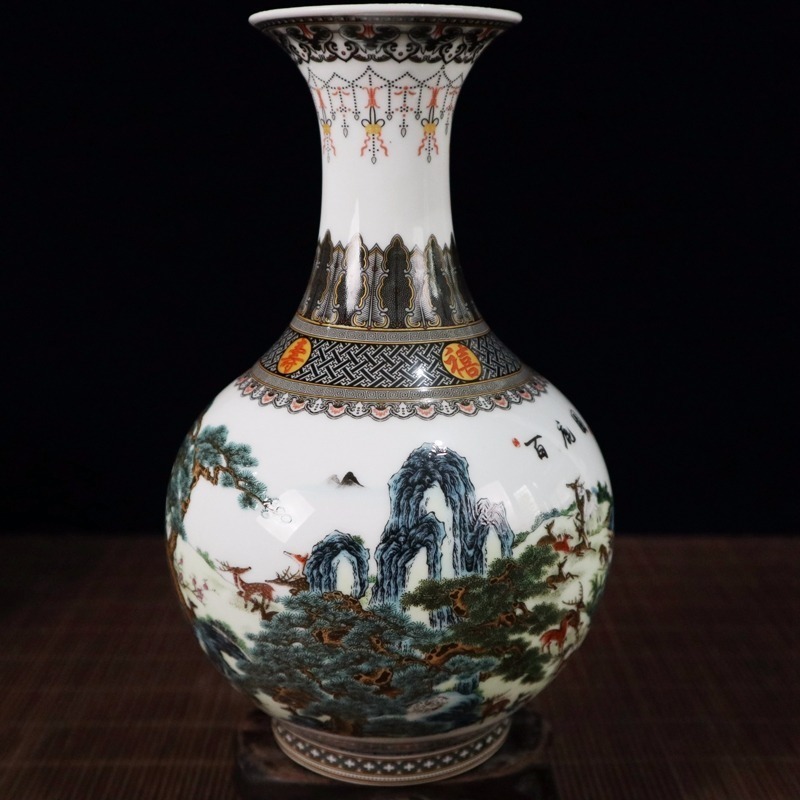 文化と娯楽の花瓶コレクションは、Qianlong Year Qing Dynas 230731で作られたピンク色の100鹿模様の花瓶を作動させます