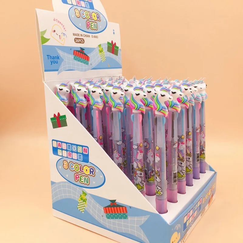 Partihandel tecknad enfiskorns penna infällbar kawaii regnbågegel shuttle kulpoint pennor flytande bläck pennor levererar kontor gåvor barn brevpapper 6-färg-i-1