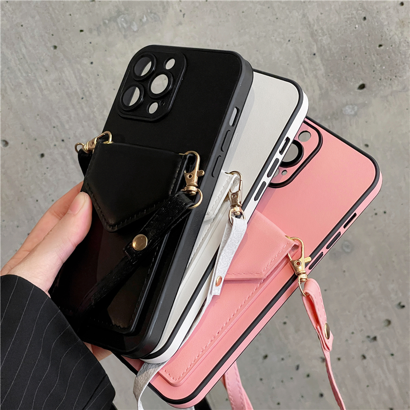 Luxury Crossbody Solid Leather Vogue Phone Case för iPhone 14 13 12 11 Pro Max Hållbar justerbar Lanyard Card -slotplånbok Koppling Skyddsskal Stuffsäkerhet