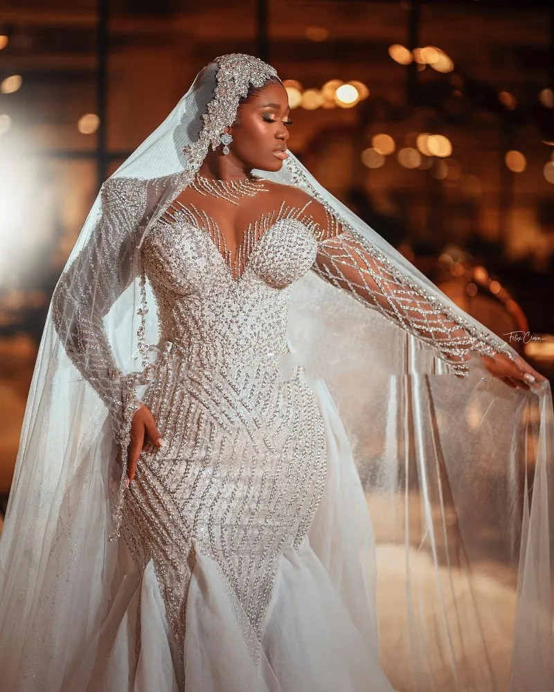 Luxury Nigerian Wedding Dresses For Bride Beading Sequin African Women Mermaid Bridal Gowns Long Sleeves Vestidos De Boda 2023