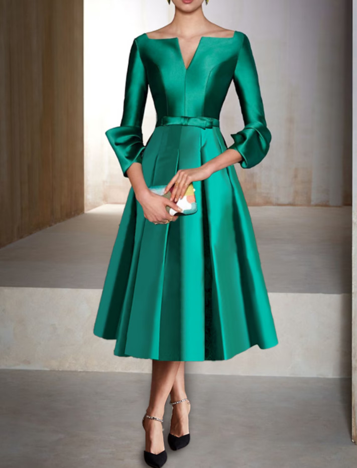 Elegante vestido corto de raso verde para madre de la novia, corte en A, cuello en V, plisado, vestidos de madrina, vestido de fiesta formal, pliegues La madre del vestido de novia Women Dresses