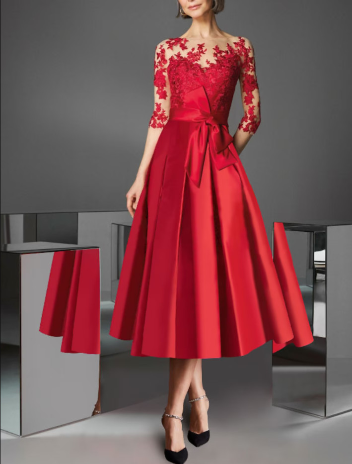 Elegant Short Red Lace Mother of the Bride Dress With Pockets Satin 3/4 Sleeve Godmother Dresses Formal Party Gown Pleats La madre del vestido de novia Women Dresses