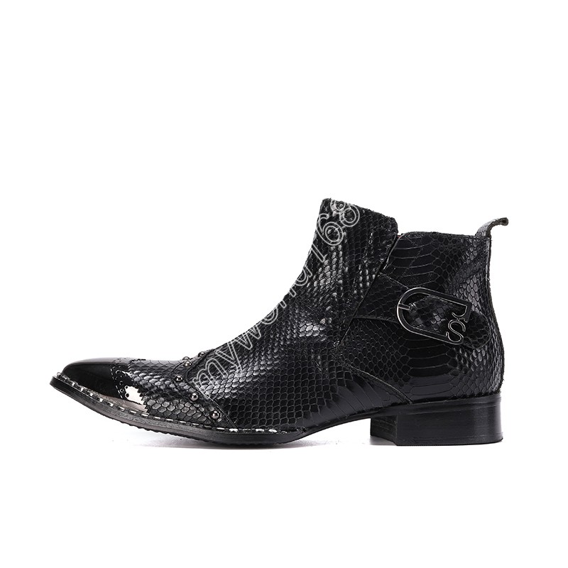 Botas masculinas de luxo feitas à mão pretas de couro genuíno botas masculinas tornozelo pontiagudo cabeça de metal com zíper negócios moda festa botas