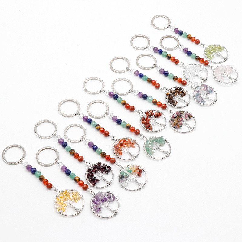 7 Chakra Kralen Ketting Fluoriet Sleutelhangers Lapis Amethist 30mm Chip steen Levensboom Hanger Sleutelhanger Gift Natuursteen Kristallen sieraden