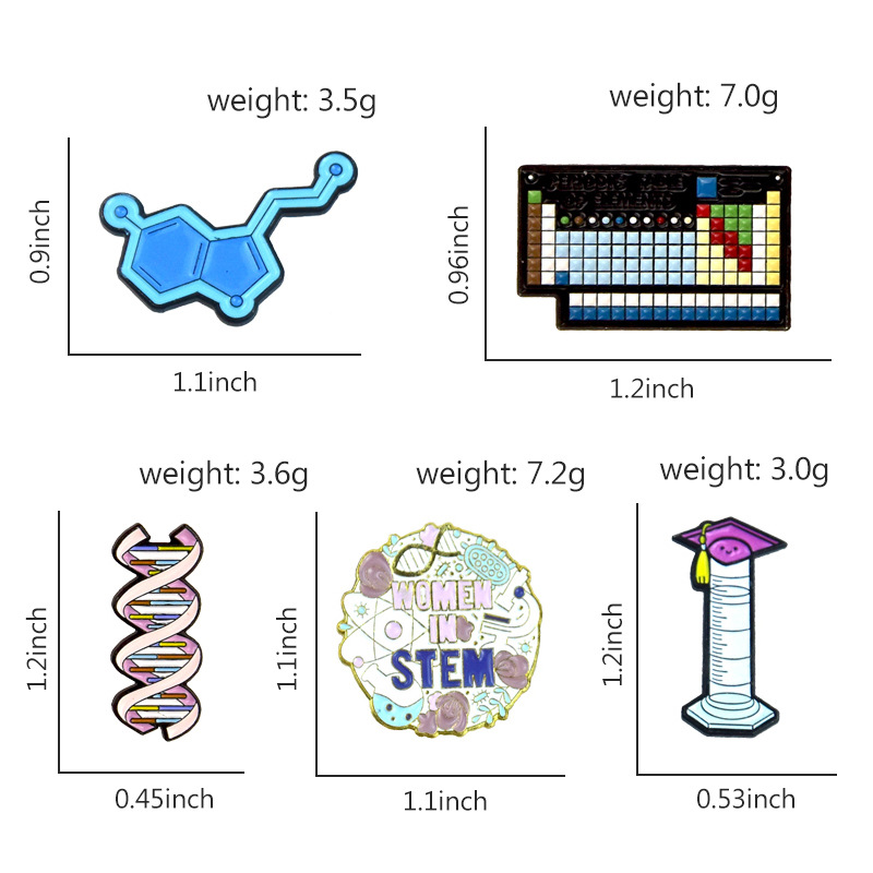 Broscher stift för kvinnor män rolig kemisk molekyl tecknad märke och stift för kläddukar väskor dekor söt emalj metall smycken gåva för vänner grossist