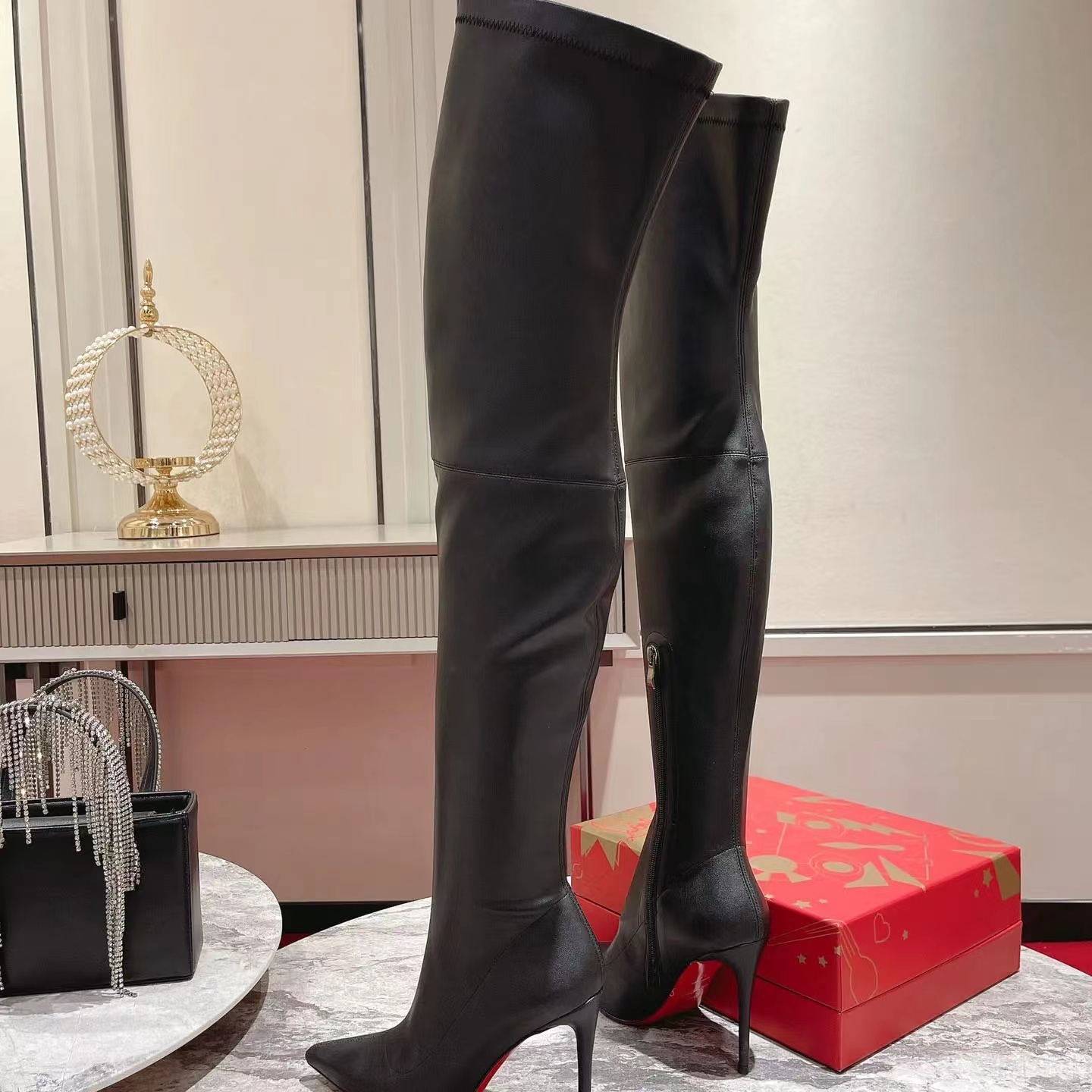 Schwarze Overknee-Stiefel aus echtem Leder, Stiletto-Absätze, spitze Zehen, seitlicher Reißverschluss, oberschenkelhoher Stretch-hoher Stiefel für Damen, Luxus-Designerschuhe, Fabrikschuhe mit Box