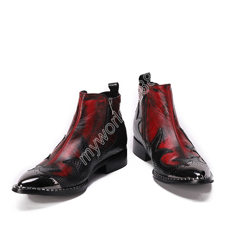 Batzuzhi Nya lyxiga handamde män stövlar skor metalltå läder ankel stövlar män röd svart zip riddare affär/fest/bröllop botas