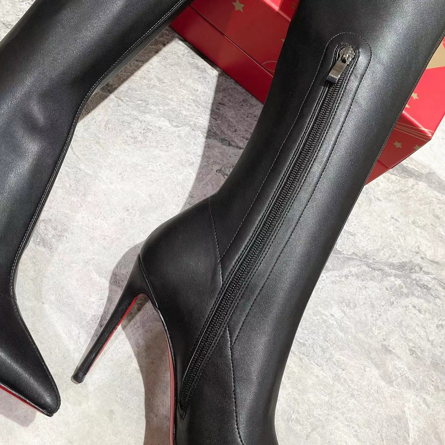 Black Genuine leather over-the-knee boots stiletto heels point toes side zip thigh-high stretch tall boot for women luxury designer shoes factory footwear with box