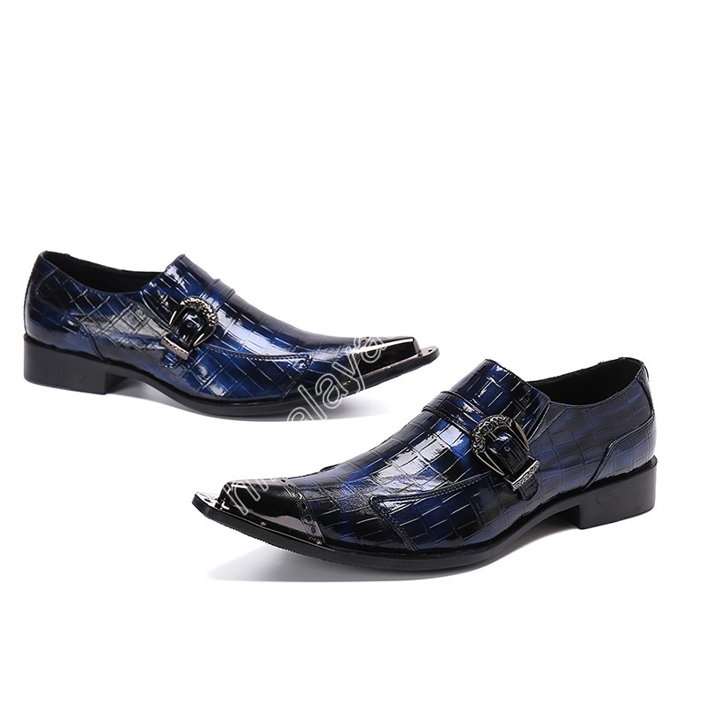 Beaux hommes chaussures de luxe à la main en cuir chaussures habillées hommes bout pointu en métal bleu affaires et fête Zapatos Hombre