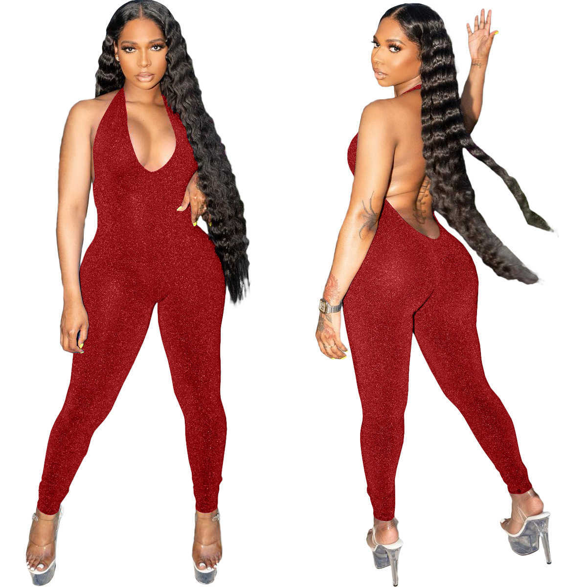 Summer Designer Clothing Women V-Neck Jumpsuits Slim Sexig ärmlös näthals hängande öppen rygg rompers damer mager bodysuit