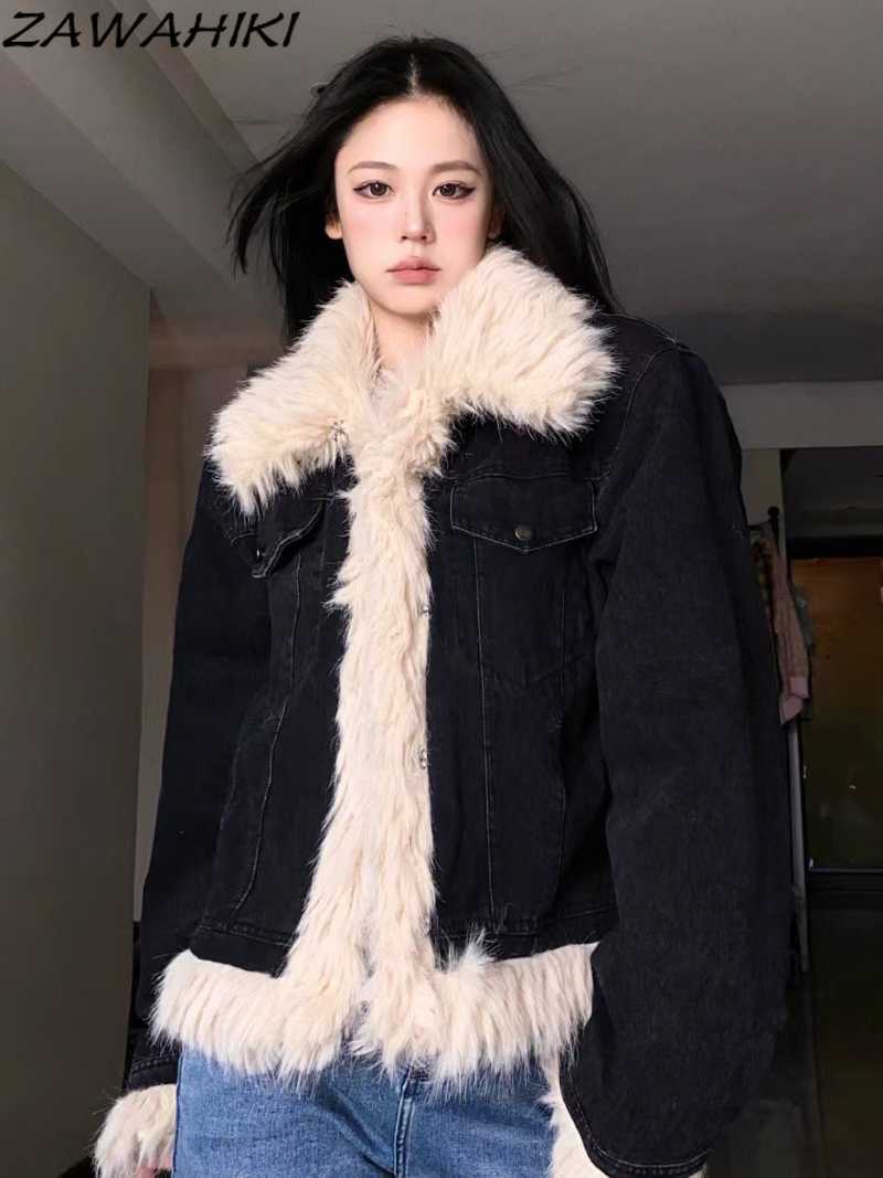 Casaco de pele sintética de pele feminina outono inverno quente de lã sintética jaqueta de lã preta engrossado fofo denim casacos femininos chiques roupas de alta qualidade HKD230727