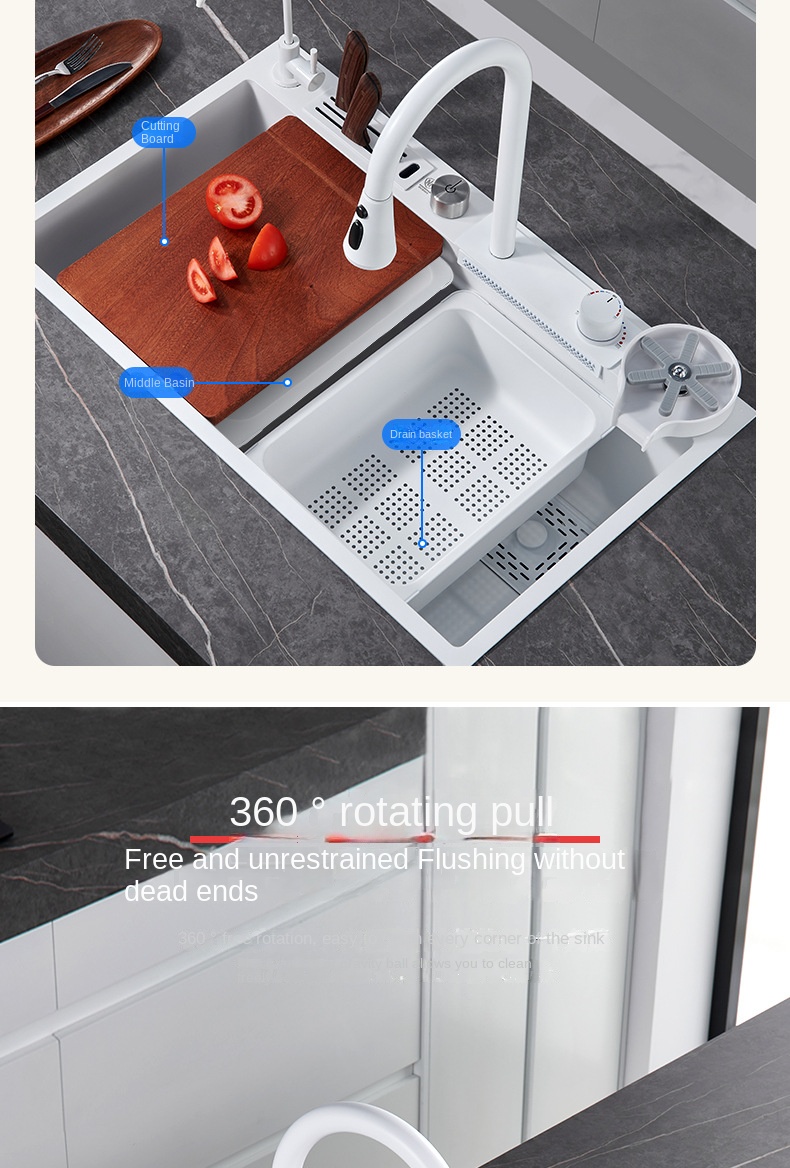 Nano White rostfritt stål Kitchen Sink Multificational Sink Waterfall Kök Kranar med dräneringskök Roman Tillbehör