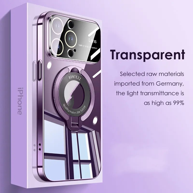 Transparente ímã suporte casos de telefone para iphone 15 13 12 11 14 pro max 14plus chapeamento suporte lente vidro filme proteção capa logotipo buraco