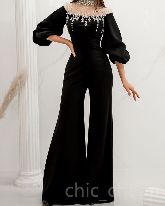 2023 April Aso Ebi Black Mermaid Jumpsuits Prom Dress Beaded Crystals Evening Formal Party Second Reception Birthday Engagement Gowns Dress Robe De Soiree ZJ656