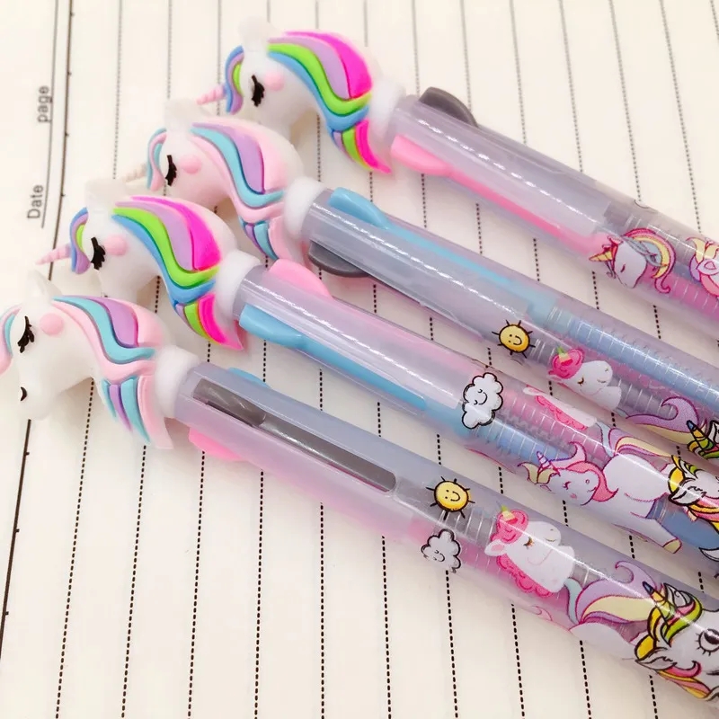 Wholesale Cartoon Unicorn Pen Retractable Kawaii Rainbow Gel Shuttle Ballpoint Pens Liquid Ink Pens Supplies Office Gifts Kids Stationery 6-Color-In-1