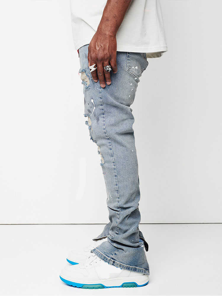 T-shirts pour hommes Nouveau Design Hommes Jeans Homme peinture Slim Fit Coton Déchiré Denim pantalon Genou Évider Bleu Clair Jeans pour Hommes Streetwear J230731