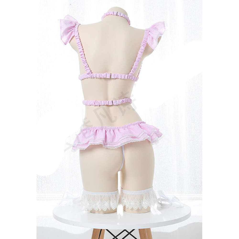 Ani Anime Lolita Girl Pink Plaid Straps Bandage Pamas Lingerie Uniform Costume Women Sexy Bodysuit Swimsuit Cosplay cosplay