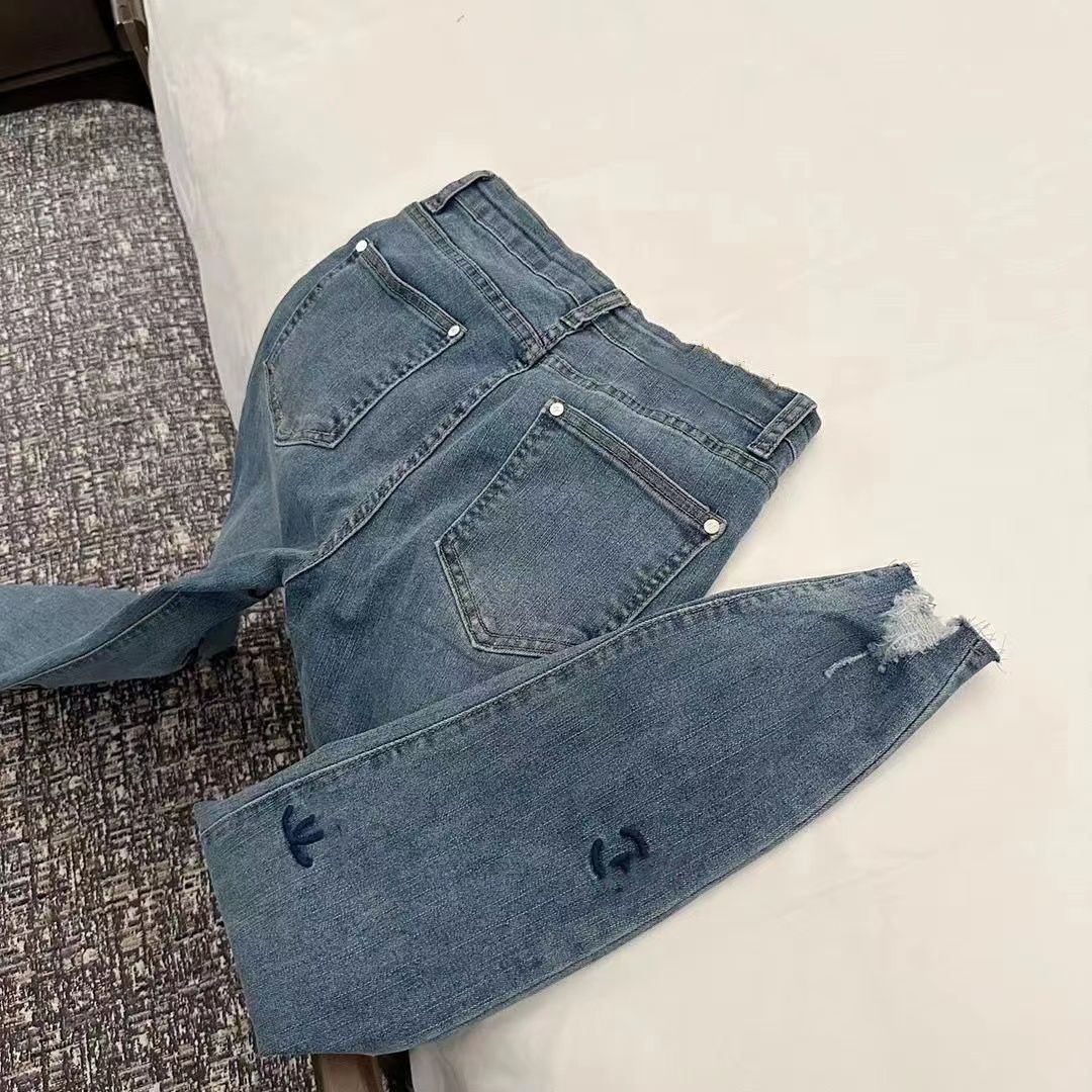 Kvinnors logotypbrev broderi hög midja bodycon tunika denim jeans blyertsbyxor smlxlxxl