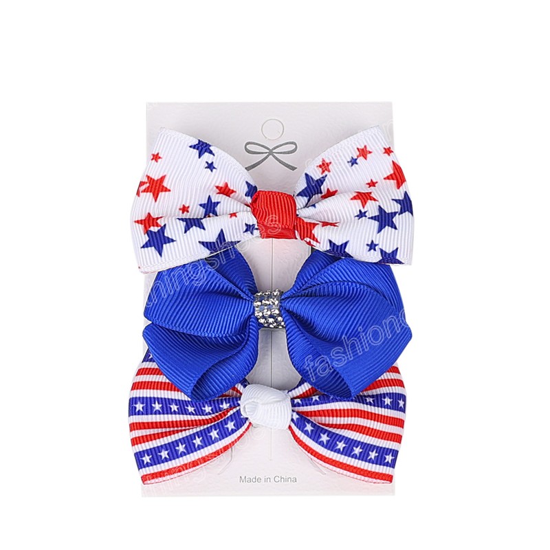 Girls Hair Bows Clip 4th Of July Independence Day Ribbon Bowknot Hairpins Star Stripes USA Flag Patriotic Hair Accessories 