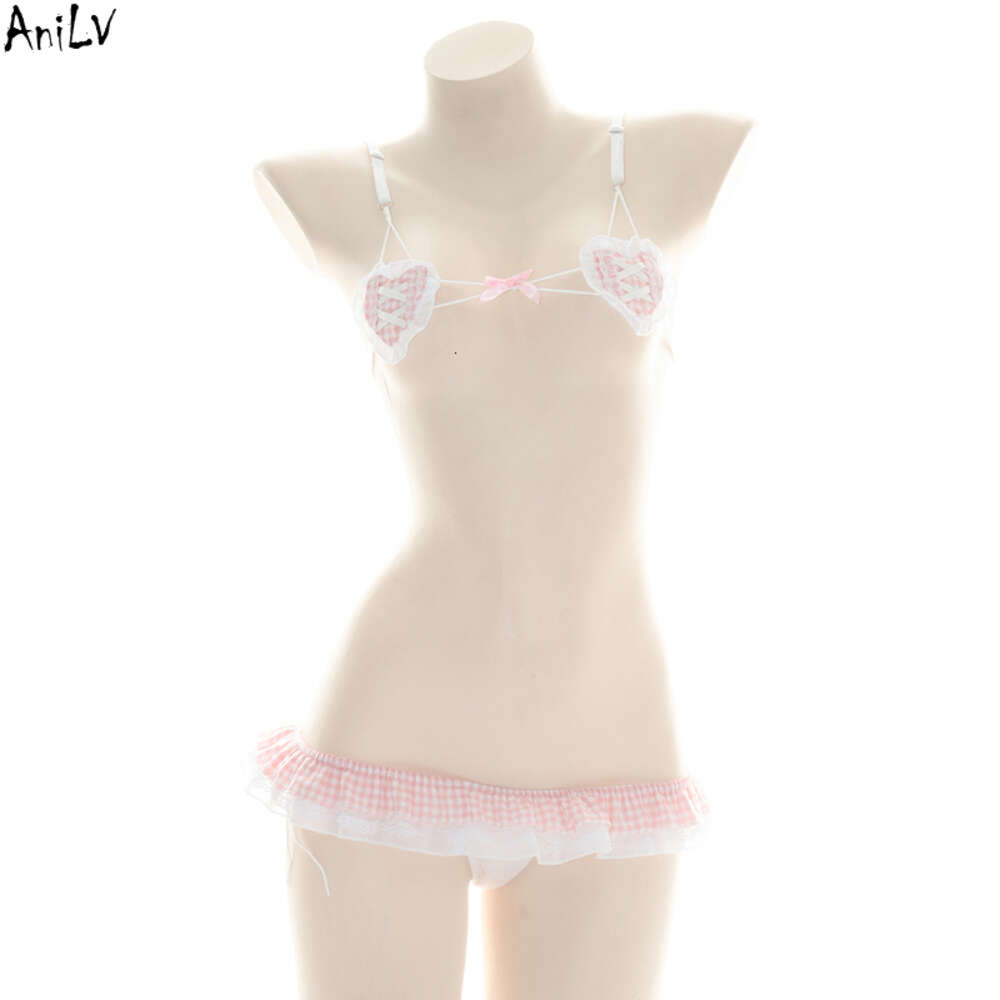 Ani Beach Girl Pink Plaid Maid Bikini Swimsuit Costume Anime Lolita Student Badkläder Uniform Pool Party Cosplay Cosplay