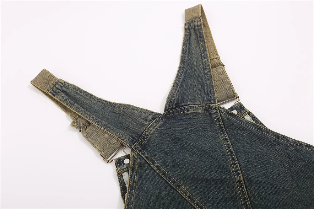 High Street Denim Jumpsuits Man Vintage Loose Washed Straight Casual Full Length Overalls Wild