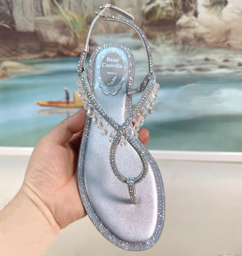 RENE CAOVILLA crystal Summer Hollow Sandalias de mujer Cuero genuino Toe Runway Party Sandalias de cristal de moda Diseño de tacón bajo Sandalias de tacón bajo 35---43size