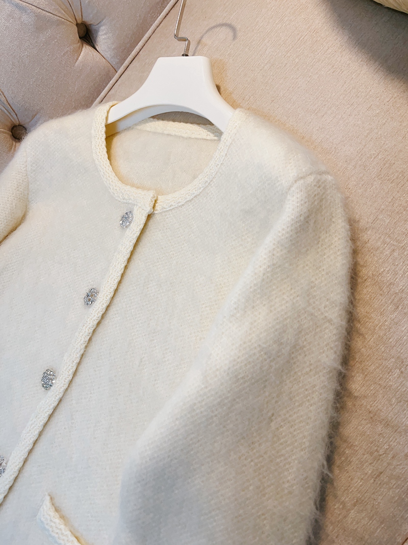 2023 outono marfim cor sólida camisola de malha cardigan manga longa em torno do pescoço bolsos duplos suéteres de peito único casacos a3s277246