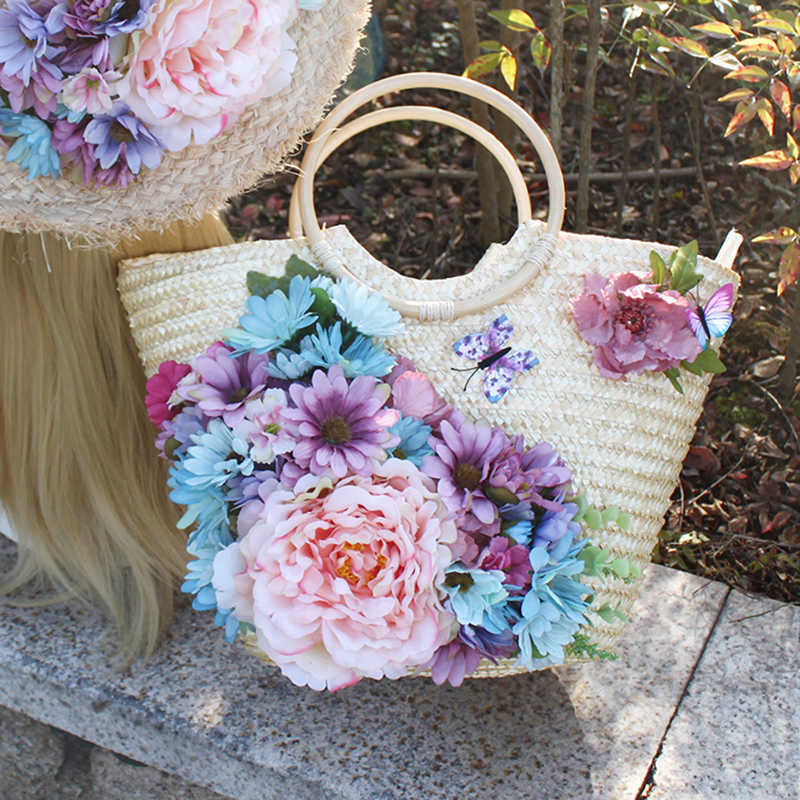 Artificial Flower Butterfly Straw Bag For Women Woven Rattan Handbag With Zipper Beach Tote Bag Large Capacity 2021 New Summer 230401