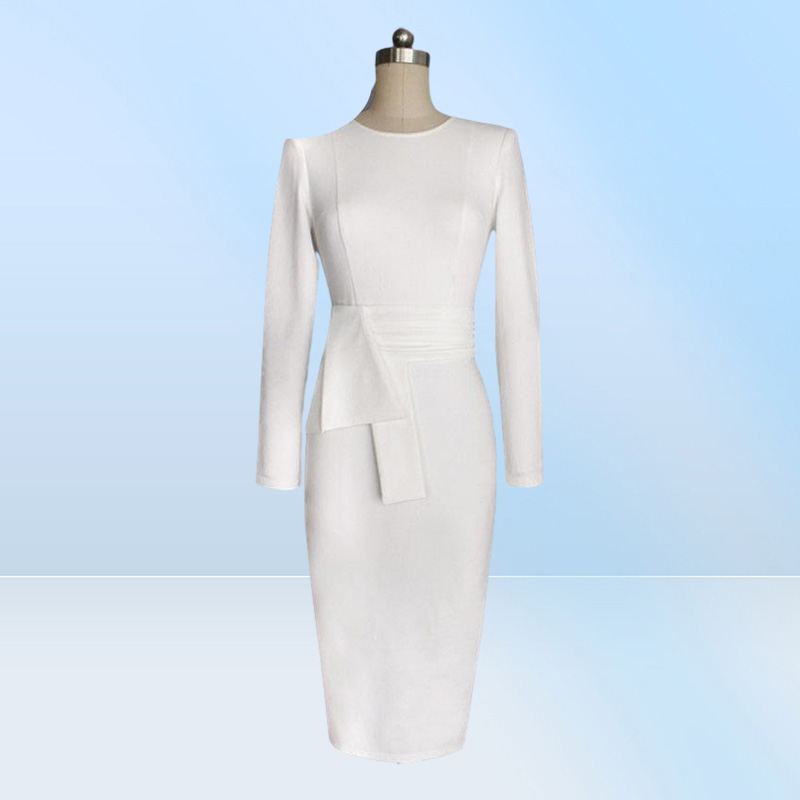 Autumn Winter Long Sleeve White O Neck Belted Plain Dress Office Formal Women Sexy BodyCon Bandage Elegant Party Slim Casual Dress9823460