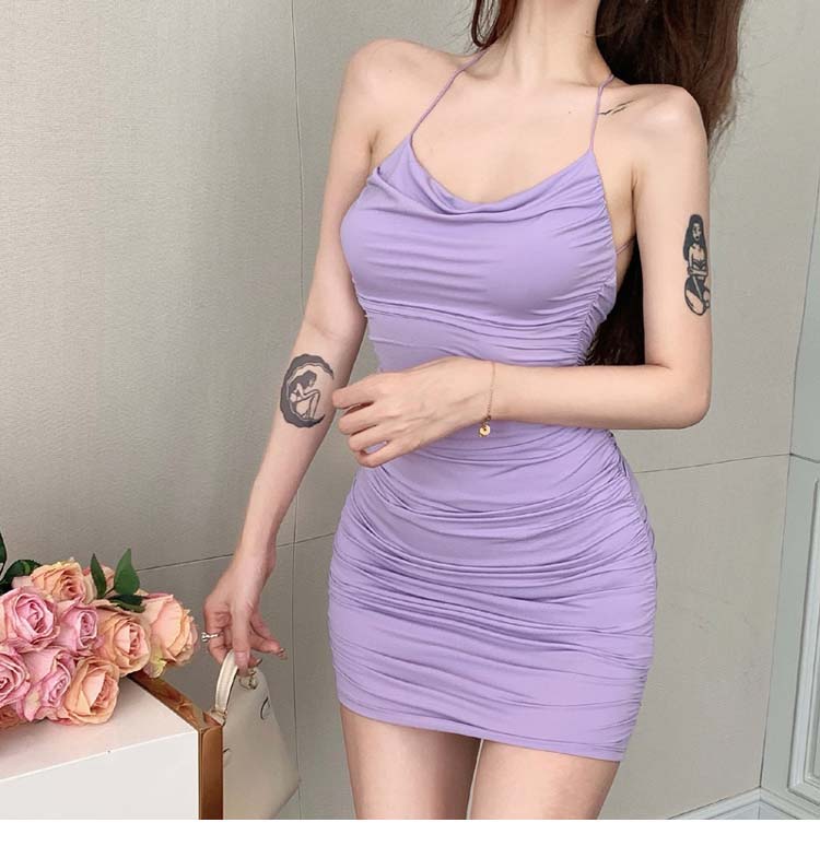 Женская фиолетовая цветовая нагреть шею спагетти ремешок для бодисоновой тунике без спинки короткое мини -платье Sml